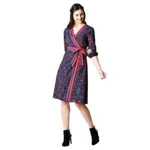Sz 14W eShakti Long Sleeve Wrap Dress Red Gray Navy